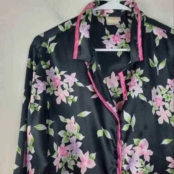 Black Floral Satin PJ Set Pajama Set Womens Size L Button Up Elastic Waist Pant - Picture 5 of 5